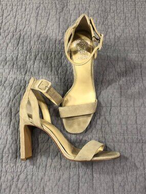 Vince Camuto Block Heels Women 9 Tan Suede Sandals Ankle Straps Open Toe